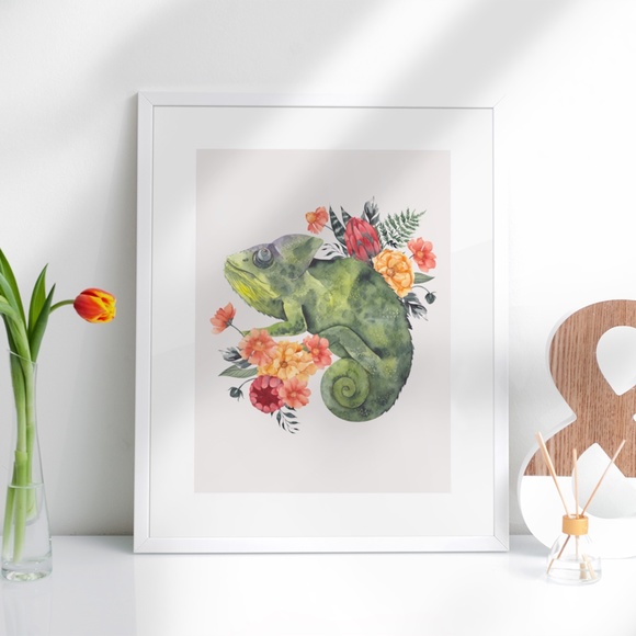 Wall Art Watercolor Floral Chameleon Illustration Print Poster Unframed - Picture 6 of 6